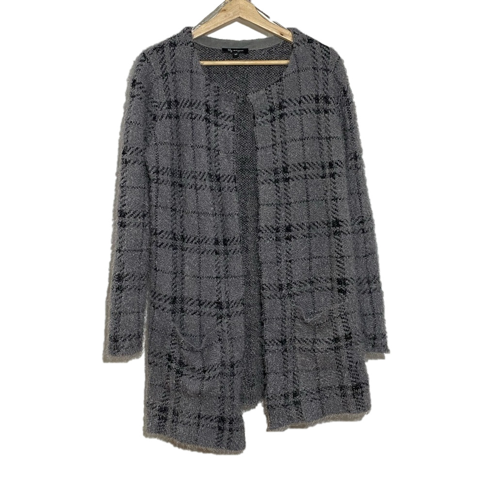 Lily Morgan women’s dark gray plaid open front long hairy sweater cardigan s- SP
